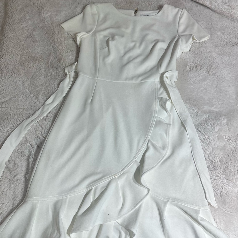 Calvin Klein White Asymmetrical Sheath Dress with Flutter Sleeves